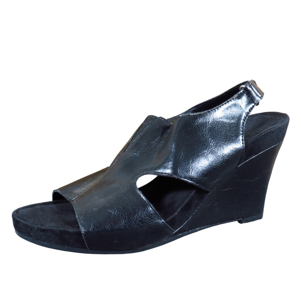 Aerosoles Missplush Women Wedge Sandals Sz 9.5M Dress Casual Black Faux Leather